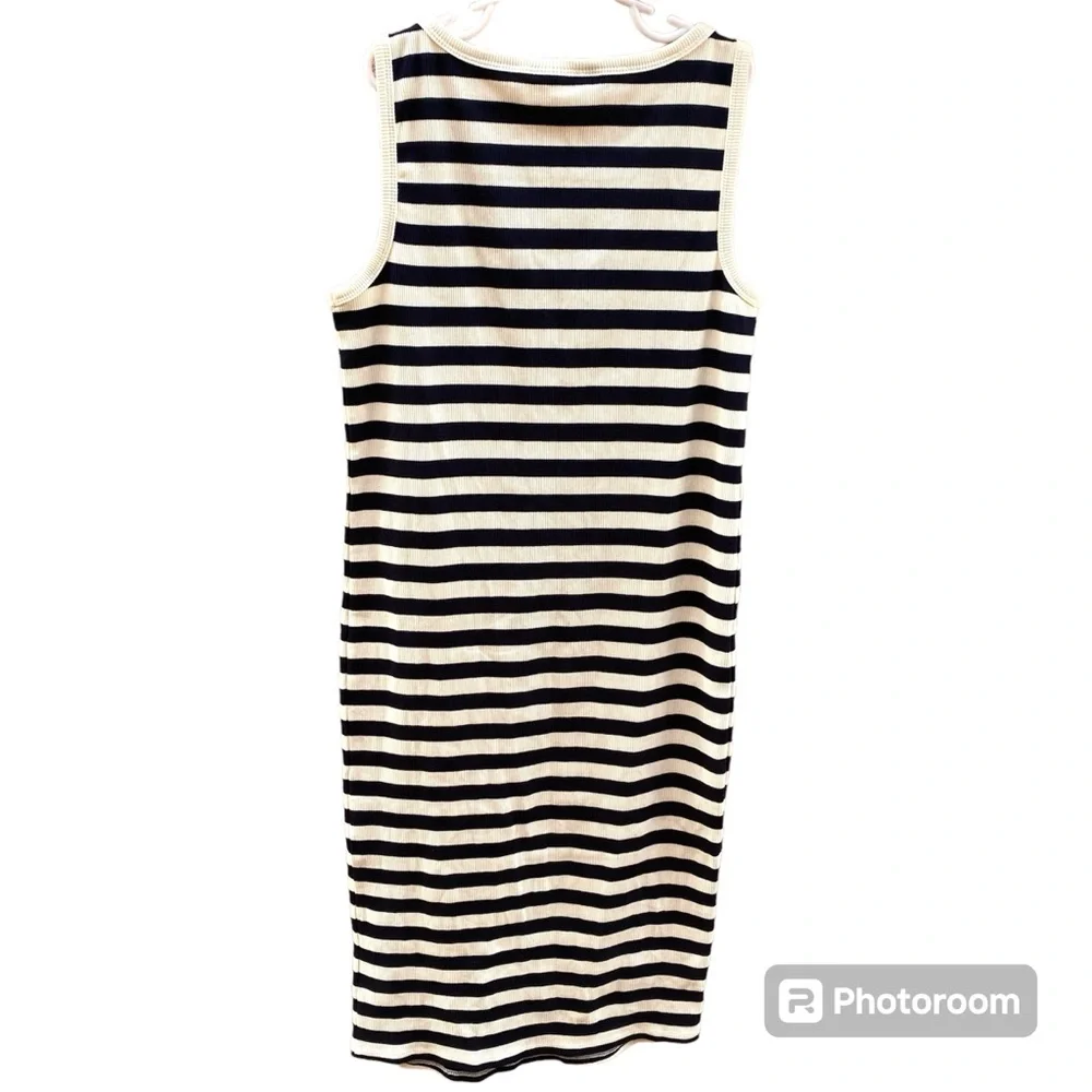 MOTHERHOOD MATERNITY TANK RIB KNIT DRESS FITTED BODYCON BLACK WHITE STRIPE - Picture 3 of 11